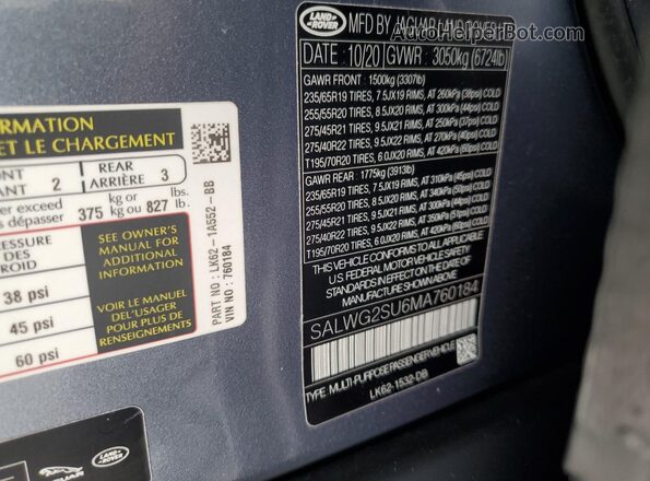 SALWG2SU6MA760184 2021 LAND ROVER RANGE Синий Вид наклейки с VIN-кодом