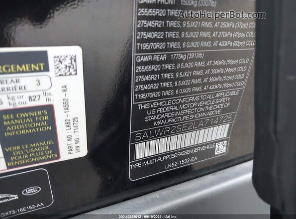 SALWR2SE2LA714725 2020 LAND ROVER RANGE ROVER SPORT Черный Вид подкапотного пространства