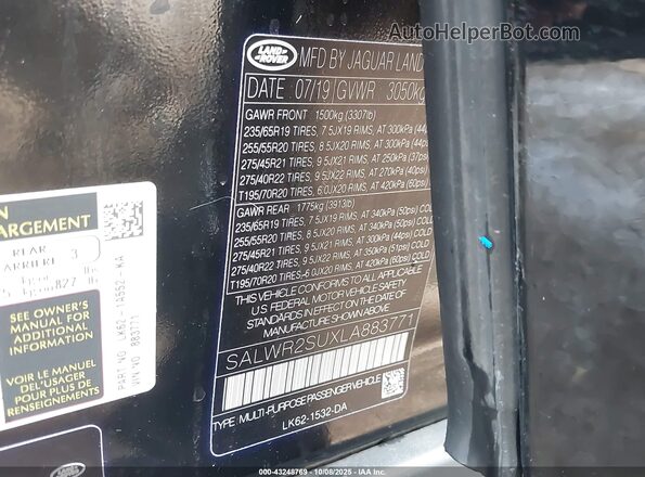 SALWR2SUXLA883771 2020 LAND ROVER RANGE ROVER SPORT Черный Вид подкапотного пространства