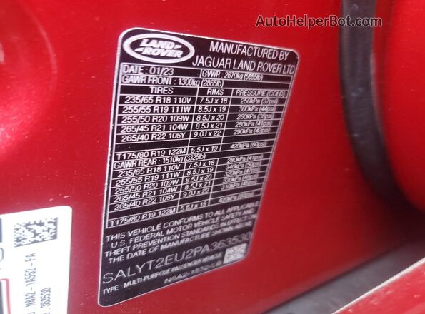 SALYT2EU2PA363530 2023 LAND ROVER RANGE Red Vista de la etiqueta del VIN