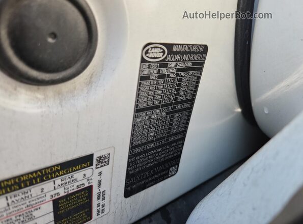 SALYT2EX1MA307875 2021 LAND ROVER RANGE Белый Вид наклейки с VIN-кодом