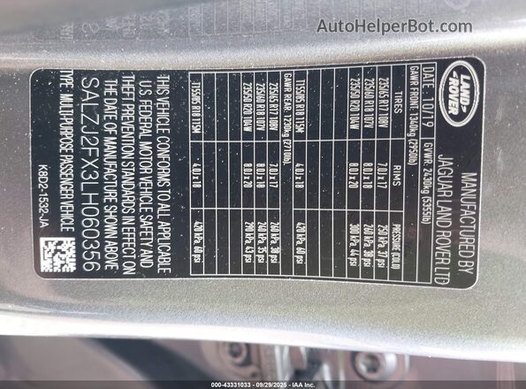 SALZJ2FX3LH060356 2020 LAND ROVER RANGE ROVER EVOQUE Gray Շարժիչի բաժամունքի տեսք