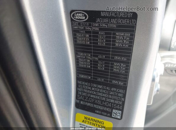 SALZJ2FX8LH041544 2020 LAND ROVER RANGE ROVER EVOQUE Silver Widok komory silnika