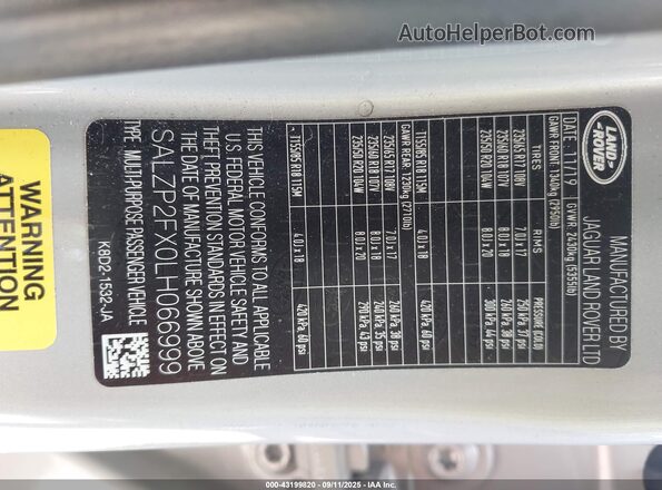 SALZP2FX0LH066999 2020 LAND ROVER RANGE ROVER EVOQUE Silver Вид підкапотного простору