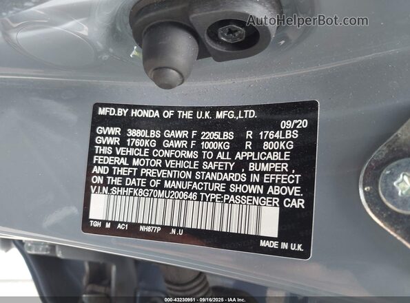 SHHFK8G70MU200646 2021 HONDA CIVIC TYPE R Gray Widok komory silnika