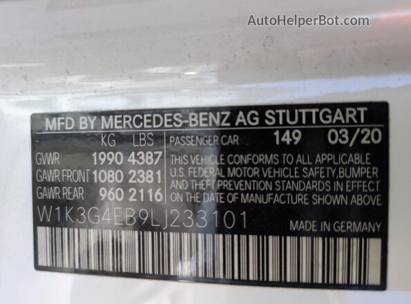 W1K3G4EB9LJ233101 2020 MERCEDES-BENZ A White Engine compartment view