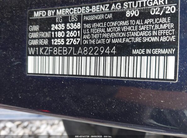 W1KZF8EB7LA822944 2020 MERCEDES-BENZ E Dark Blue Вид підкапотного простору