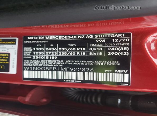 W1N0G8EB1MF922826 2021 MERCEDES-BENZ GLC-CLASS Burgundy VIN კოდის სტიკერის ხედი