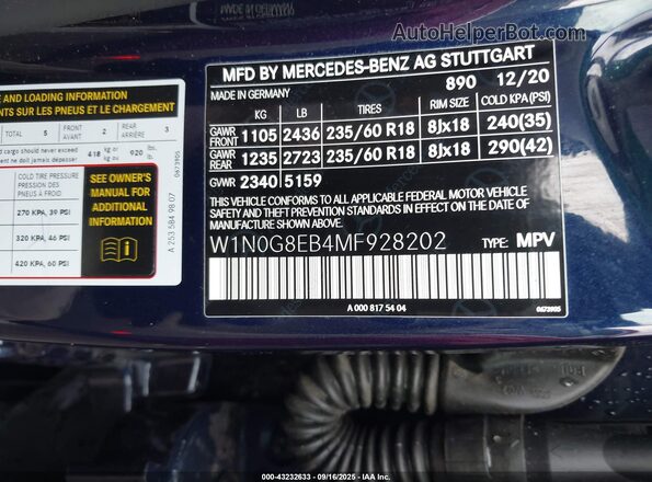 W1N0G8EB4MF928202 2021 MERCEDES-BENZ GLC 300 Синий Вид подкапотного пространства