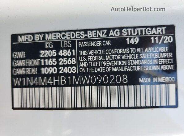 W1N4M4HB1MW090208 2021 MERCEDES-BENZ GLB-CLASS White VIN კოდის სტიკერის ხედი