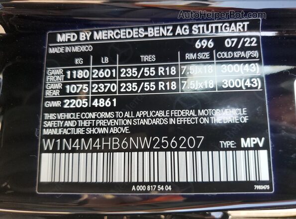 W1N4M4HB6NW256207 2022 MERCEDES-BENZ GLB-CLASS Черный Панорамный вид салона 360°