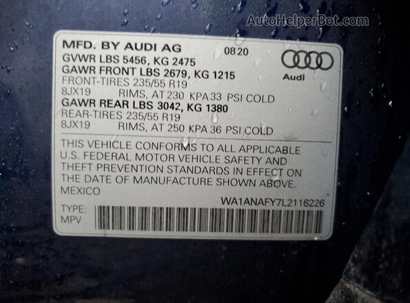 WA1ANAFY7L2116226 2020 AUDI Q5 Синий Вид наклейки с VIN-кодом