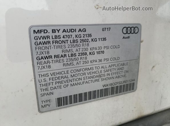 WA1BCCFS2JR011244 2018 AUDI Q3 White Панорамний вид салону 360°