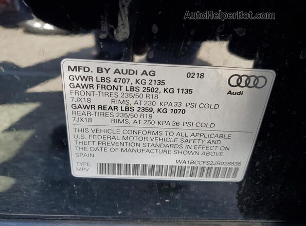 WA1BCCFS2JR028836 2018 AUDI Q3 Черный Вид наклейки с VIN-кодом