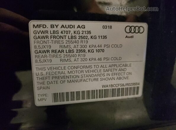 WA1BCCFS8JR029554 2018 AUDI Q3 Black VIN კოდის სტიკერის ხედი