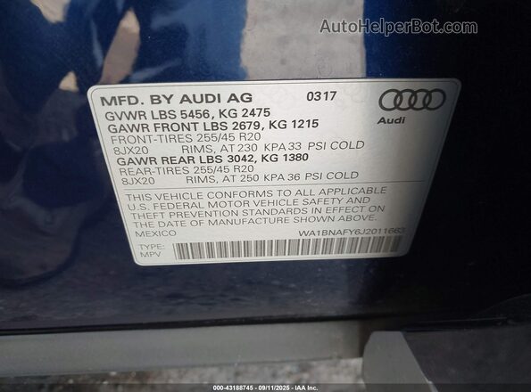 WA1BNAFY6J2011663 2018 AUDI Q5 Dark Blue Вид підкапотного простору