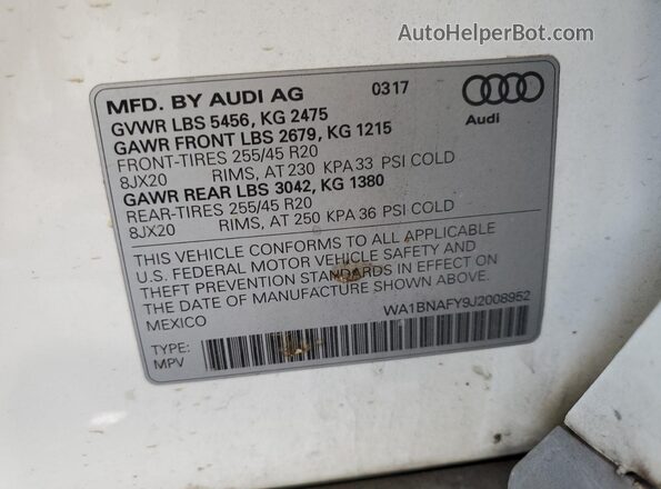 WA1BNAFY9J2008952 2018 AUDI Q5 White Вид наклейки з VIN-кодом