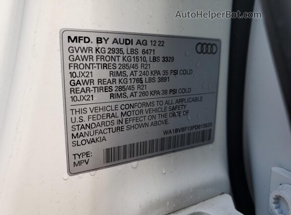 WA1BVBF13PD013523 2023 AUDI Q8 Белый Вид наклейки с VIN-кодом