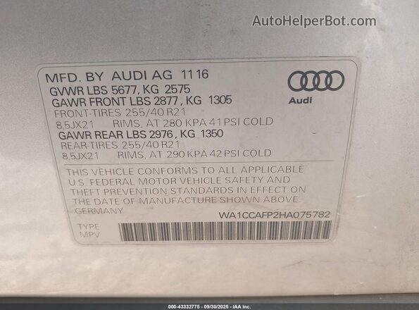 WA1CCAFP2HA075782 2017 AUDI SQ5 Silver Widok komory silnika
