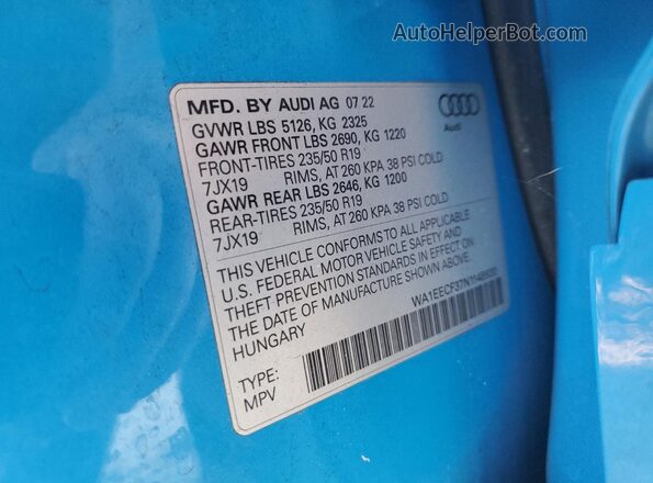 WA1EECF37N1148930 2022 AUDI Q3 Синий Вид наклейки с VIN-кодом