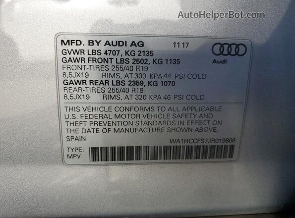 WA1HCCFS7JR019866 2018 AUDI Q3 Silver Вид наклейки з VIN-кодом