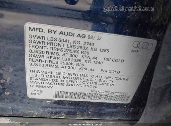 WA1L2BFZ2NP053655 2022 AUDI Q4 Blue Widok komory silnika
