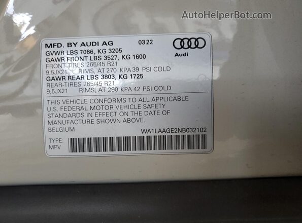 WA1LAAGE2NB032102 2022 AUDI E-TRON Gray VIN կոդի պիտակի տեսք