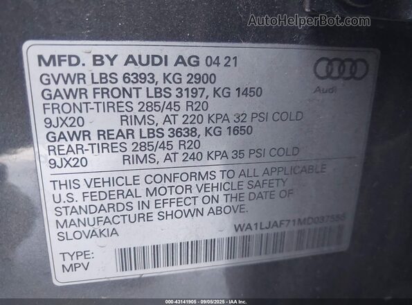 WA1LJAF71MD037555 2021 AUDI Q7 Gray Vista del compartimento del motor