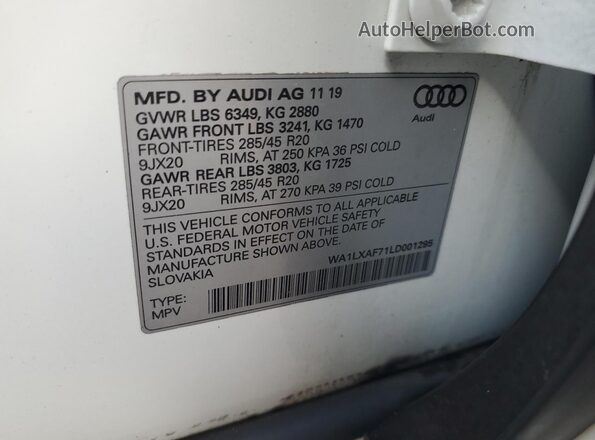 WA1LXAF71LD001295 2020 AUDI Q7 White VIN կոդի պիտակի տեսք