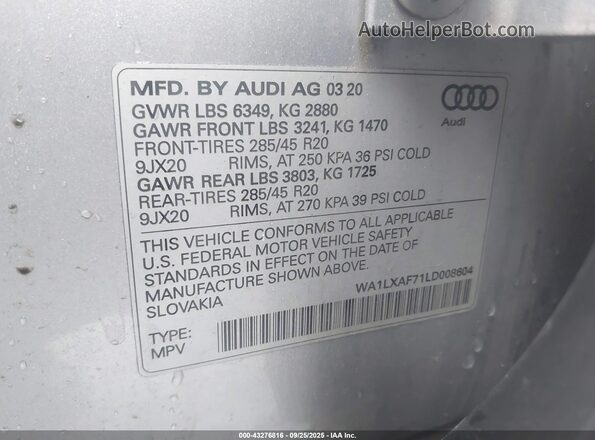 WA1LXAF71LD008604 2020 AUDI Q7 Gray Շարժիչի բաժամունքի տեսք