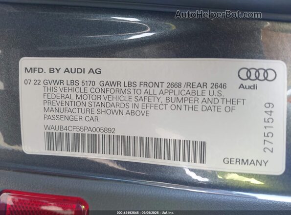 WAUB4CF55PA005892 2023 AUDI S5 Gray Vista del compartimento del motor