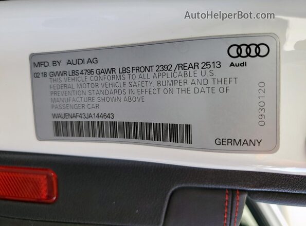 WAUENAF43JA144643 2018 AUDI OTHER White Շարժիչի բաժամունքի տեսք