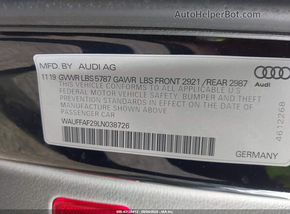 WAUFFAF29LN038726 2020 AUDI S6 Black Вид підкапотного простору