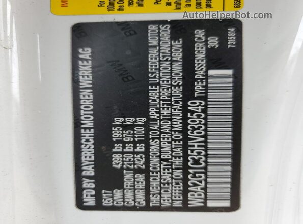 WBA2G1C35HV639549 2017 BMW M2 Белый Вид наклейки с VIN-кодом