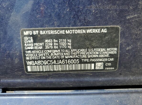 WBA8D9C54JA616005 2018 BMW OTHER Blue VIN კოდის სტიკერის ხედი