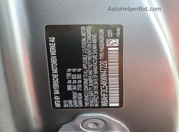 WBAHF3C54KWW47220 2019 BMW Z4 Серый Вид наклейки с VIN-кодом