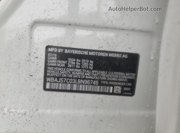 WBAJS7C03LBN96746 2020 BMW M5 White Vista de la etiqueta del VIN