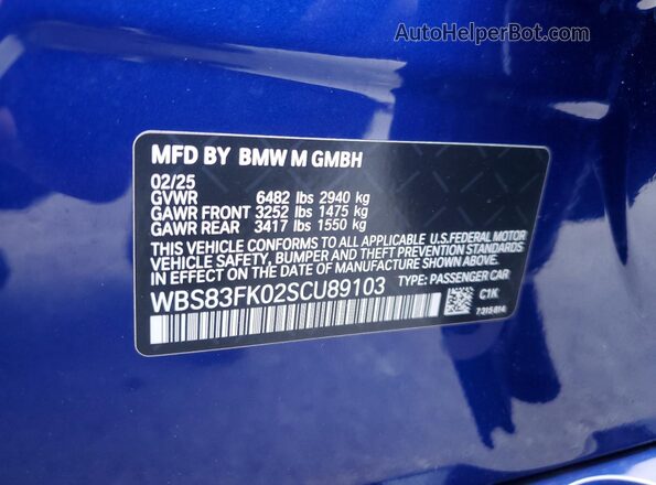 WBS83FK02SCU89103 2025 BMW M5 Blue Vista de la etiqueta del VIN