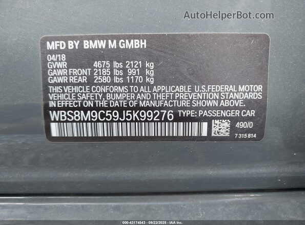 WBS8M9C59J5K99276 2018 BMW M3 Gray Engine compartment view