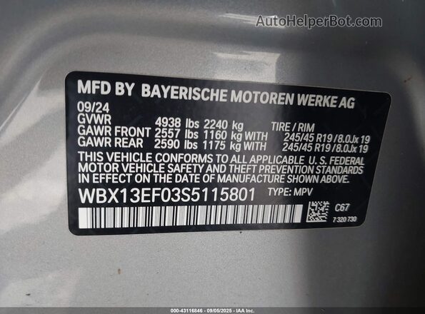 WBX13EF03S5115801 2025 BMW X1 Серый Вид подкапотного пространства