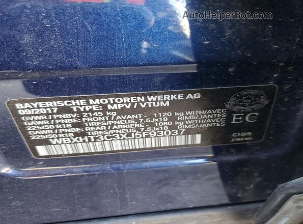 WBXHT3C3XJ5F93037 2018 BMW X1 Blue ძრავის განყოფილების ხედი