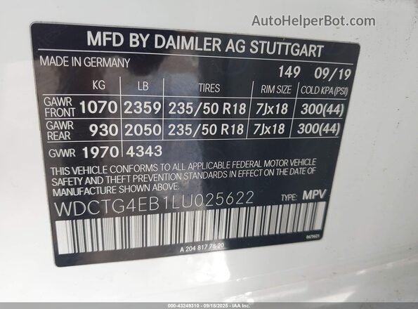 WDCTG4EB1LU025622 2020 MERCEDES-BENZ GLA 250 White Engine compartment view