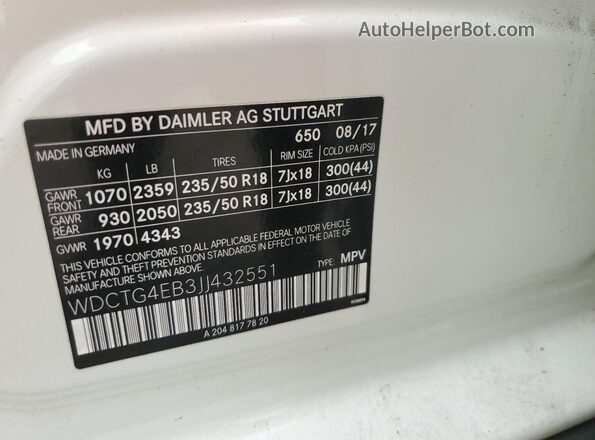 WDCTG4EB3JJ432551 2018 MERCEDES-BENZ GLA White VIN կոդի պիտակի տեսք
