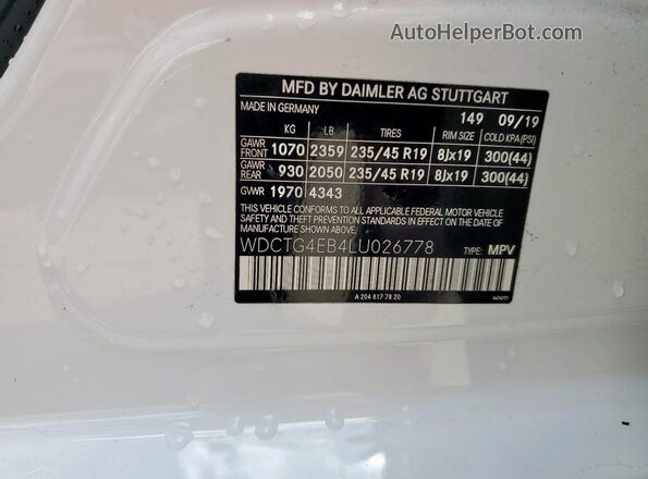 WDCTG4EB4LU026778 2020 MERCEDES-BENZ GLA Белый Панорамный вид салона 360°
