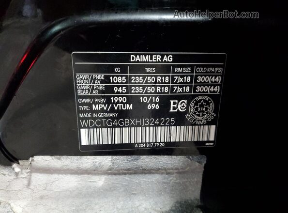 WDCTG4GBXHJ324225 2017 MERCEDES-BENZ GLA Black Widok naklejki z numerem VIN