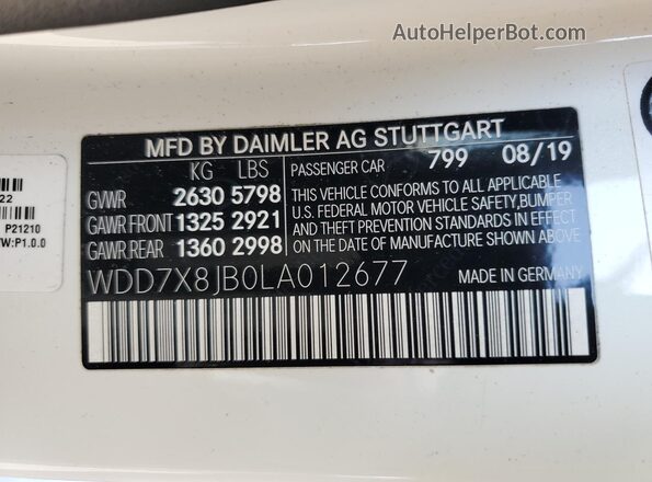 WDD7X8JB0LA012677 2020 MERCEDES-BENZ AMG Белый Вид наклейки с VIN-кодом