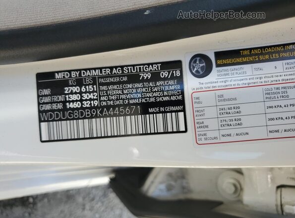 WDDUG8DB9KA445671 2019 MERCEDES-BENZ S White Widok naklejki z numerem VIN
