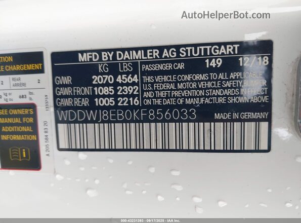 WDDWJ8EB0KF856033 2019 MERCEDES-BENZ C-CLASS White Engine compartment view