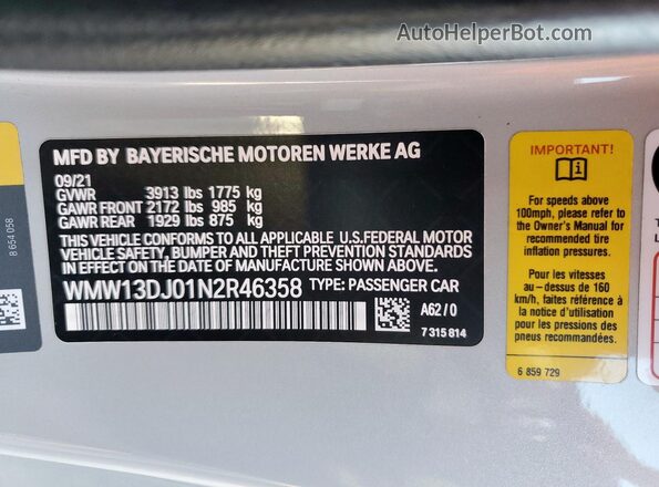 WMW13DJ01N2R46358 2022 MINI COOPER Silver Widok naklejki z numerem VIN