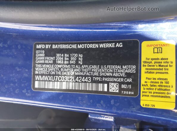 WMWXU7C03L2L42443 2020 MINI HARDTOP Blue Widok komory silnika